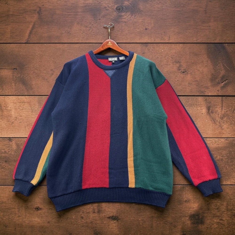 Vintage 90s Sweater Graphix Mens Color Block Stripe Crewneck Sweater Navy Red XL